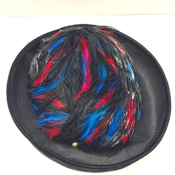 Vintage Black Red Blue Feathers Velvet And Mesh Hat Derby Church Formal Evening - Picture 9 of 11